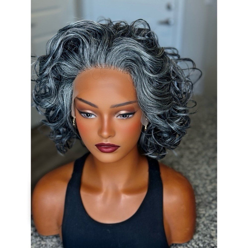 Short Curly Lace Front Wig in Salt & Pepper Gray